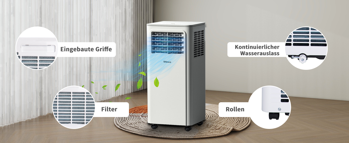 Мобільний кондиціонер SHINCO 3,5kW з випускним шлангом, охолодження/вентиляція/зневожування, для приміщень до 90 м³, білий (7000BTU-M)