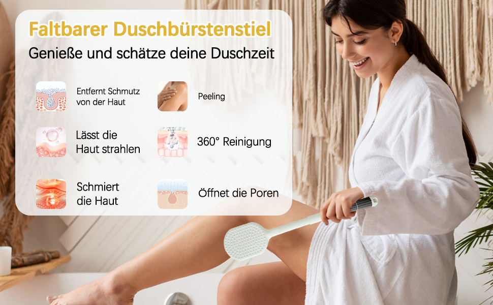 Рюкенbürсте для спини 50 см: складана щітка для душу з довгим руків'ям для ексфоліації, суха щітка для душу, щітка для ванни з змінною насадкою, підходить для людей похилого віку