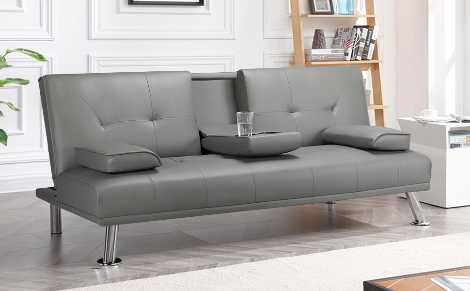 Yaheetech 3-Seater Convertible Sofa Bed with Cup Holders and Reclining Backrest