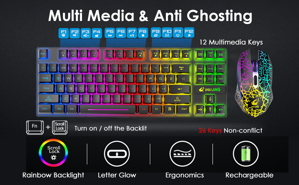 Механічна ігрова комбо клавіатура та миша з підсвічуванням Rainbow: клавіатура 87 клавіш, миша 2400DPI з 6 кнопками, та килимок для миші (чорний)