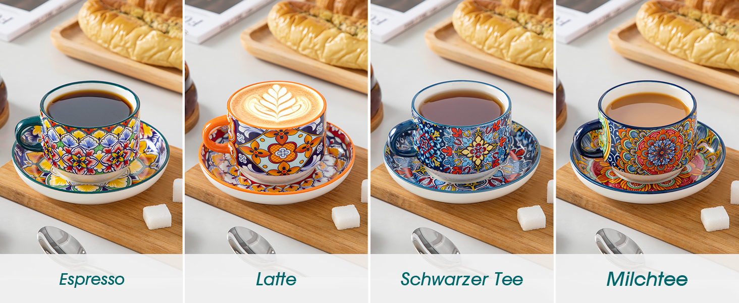 Набір чашок для еспресо Vancasso 4 шт., 150 мл SIMI з підставками та стійкою, керамічні, для капучино, еспресо, лате