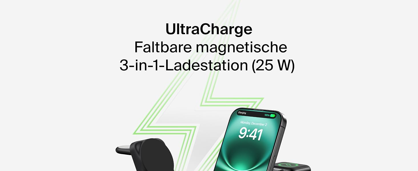 Зарядний станція Belkin UltraCharge 3 в 1 з Qi2.2, 25W, сумісна з MagSafe, для iPhone, AirPods, Apple Watch, Pixel, з адаптером 45W - Чорний
