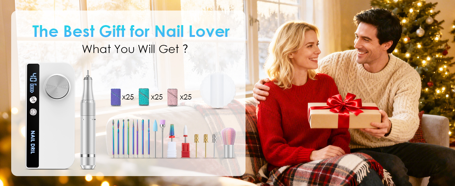 Електричний фрезер для нігтів з LCD дисплеєм, 40000 об/хв, 15 насадок, для манікюру та педикюру, F/R напрямок обертання, для салону та дому (білий)