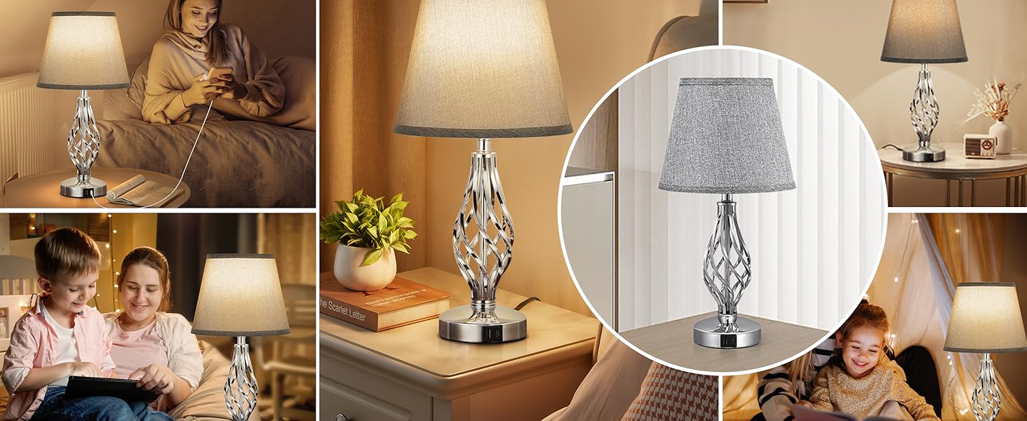 Настільна лампа Kakanuo 2 шт. з USB зарядкою, диммуванням та LED-лампочками, сірий абажур. Сучасний дизайн для спальні, вітальні, офісу.