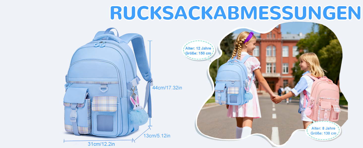 Шкільний рюкзак для дівчаток, водонепроникний та дихаючий, для 1-5 класів з відділом для ноутбука, рюкзак для дівчаток + ізольована ланч-торбинка + пенал, блакитний (світло-блакитний)