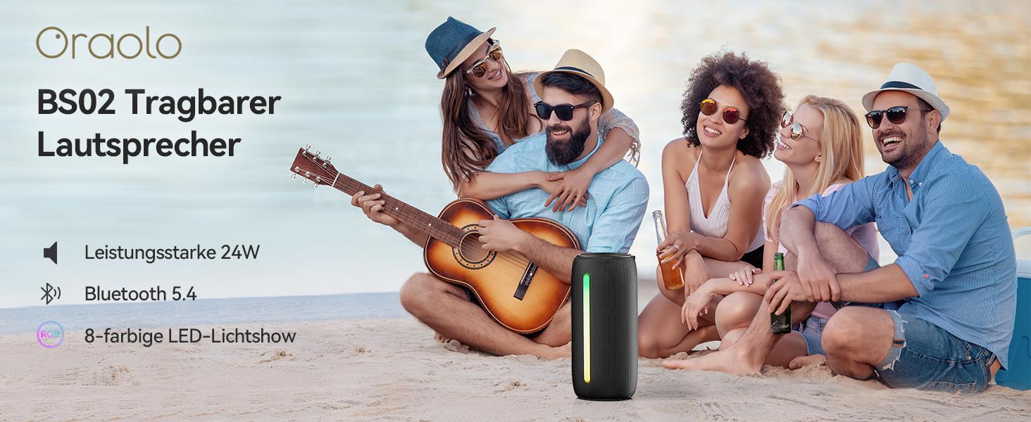 Портативна Bluetooth колонка Oraolo з RGB підсвіткою, водонепроникна IPX6, 10 год. роботи, для дому, велосипеда, вечірок - Чорна