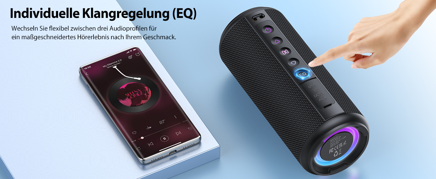 Bluetooth колонка 2026 з RGB підсвіткою, портативна, водонепроникна IPX7, з мікрофоном, для дому, саду та подорожей, чорна