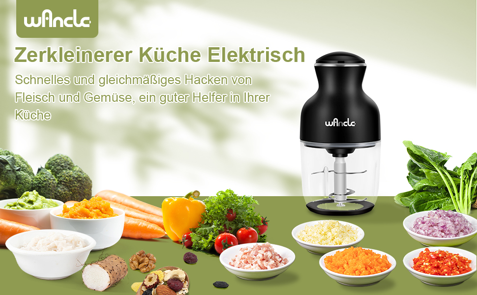Електричний подрібнювач Wancle 350W, 600мл - для кухні, тихий та зручний у використанні (чорний)