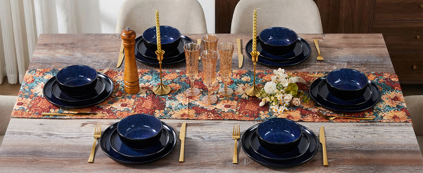 Набір посуду HaWare на 6 осіб, 18 предметів: тарілки з реактивної глазурі, комплект посуду для сервірування столу (Edelblau)