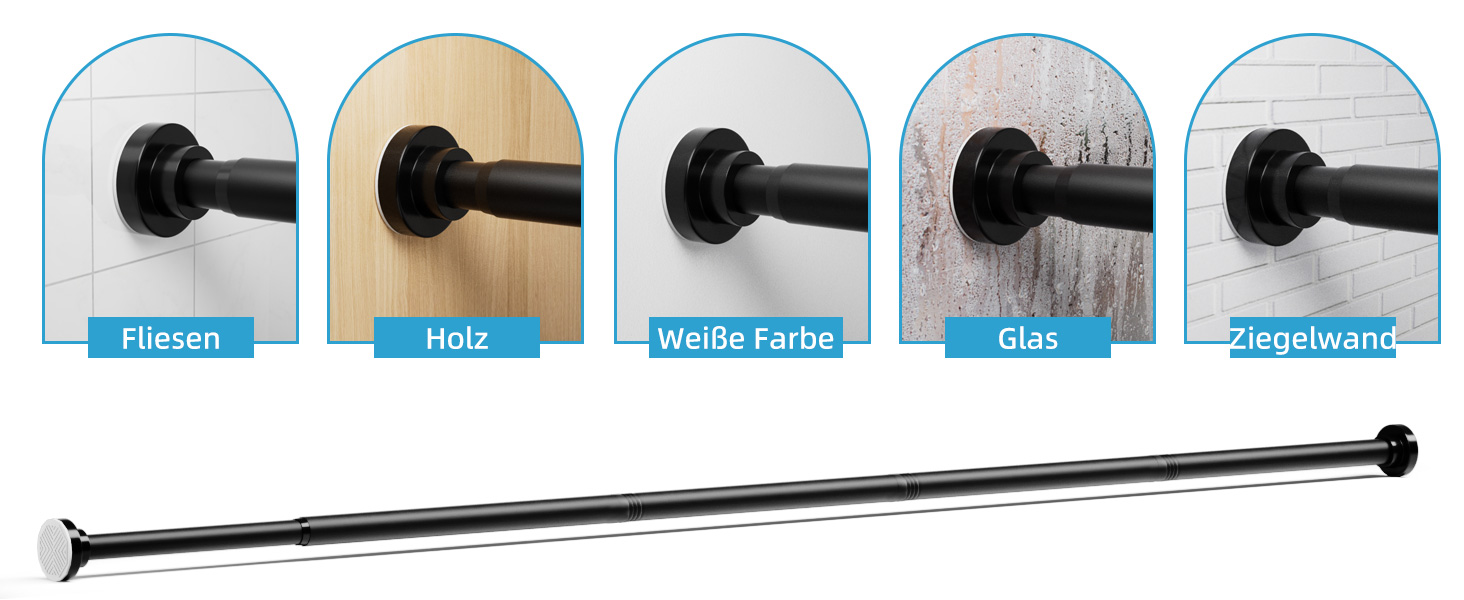Штанга для душу без свердління з нержавіючої сталі, телескопічна, регульована 70-195 см, чорна