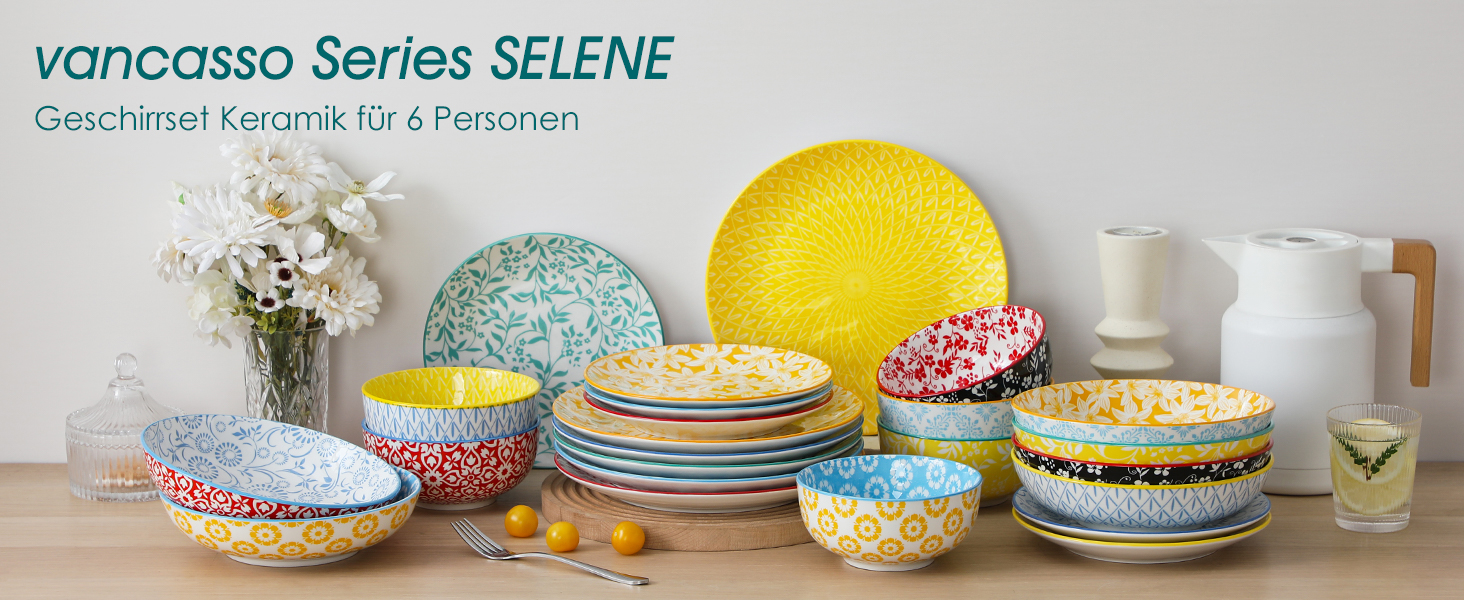 Набір посуду Vancasso Selene на 6 осіб, 24 елементи: тарілки, супові тарілки, миски, десертні тарілки з пастельного порцеляну. Підходить для мікрохвильової печі.