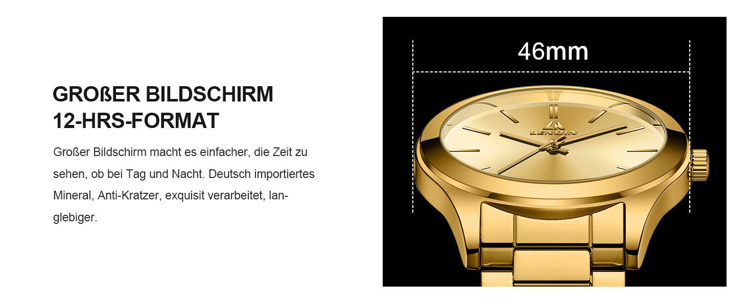 Годинник чоловічий LENQIN з нержавіючої сталі, аналоговий кварцовий годинник, водостійкий (30м), для бізнесу та повсякденного носіння, колір: золото