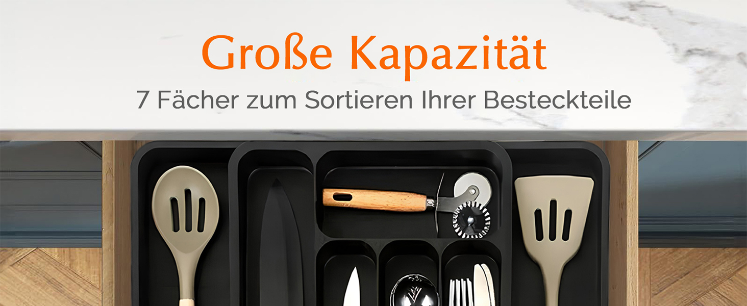 Органайзер для столових приборів в шухляду (28-47.5 см, XXL, чорний) - Розсувний лоток для ложок, виделок, ножів