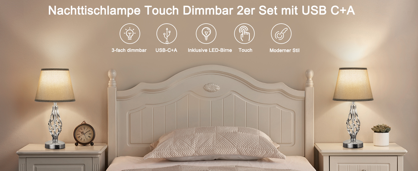 Настільна лампа Kakanuo 2 шт. з USB зарядкою, диммуванням та LED-лампочками, сірий абажур. Сучасний дизайн для спальні, вітальні, офісу.