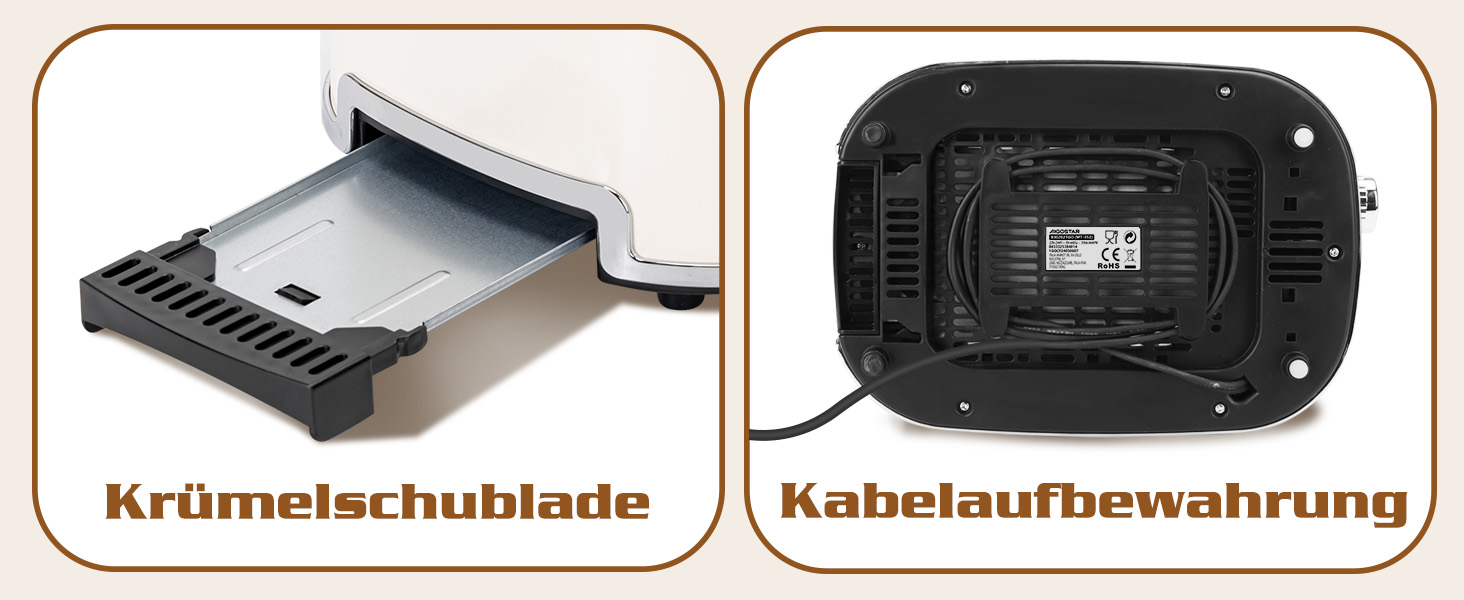 Тостер Aigostar 2-х секційний, Ретро, Кремовий, 800W, 6 рівнів підсмажування, Функції: Bagel, розморожування, підігрів, відміна