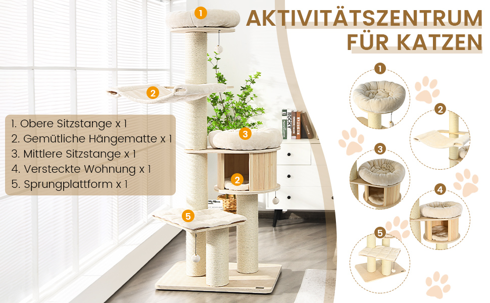 Дерев'яний котячий комплекс COSTWAY 197 см з гамаком, будиночком та кошиком, 7-ярусний, бежевий