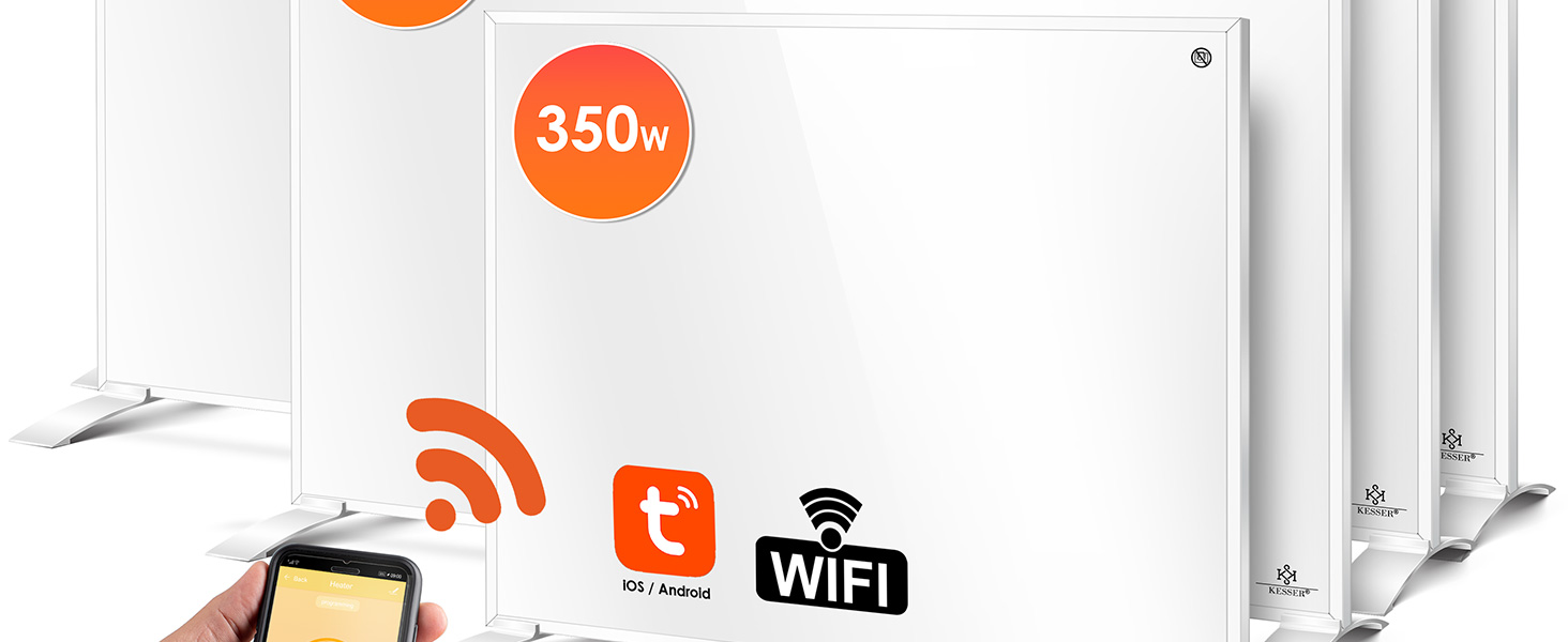 Інфранічний обігрівач KESSER® 350W: енергозберігаючий, з пультом, термостатом та керуванням через додаток. Можливість встановлення на підлогу або на стіну. Білий конвекторний нагрівач.