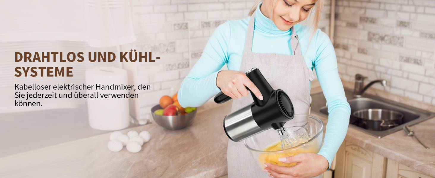 Бездротовий міксер з цифровим дисплеєм, 7 швидкостей, акумуляторний, з 6 насадками з нержавіючої сталі (міксер, вінчик, гачок для тіста) та підставкою для зберігання