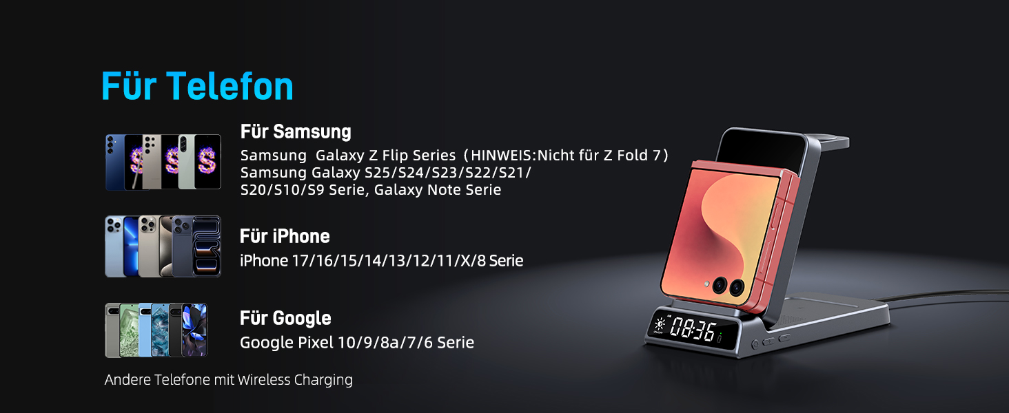 Бездротовий зарядний пристрій 3-в-1 для Samsung Galaxy S26/S25/Z Fold 7/Flip 7/Buds 3/2, Watch 8/7/6/5 Pro - сірий