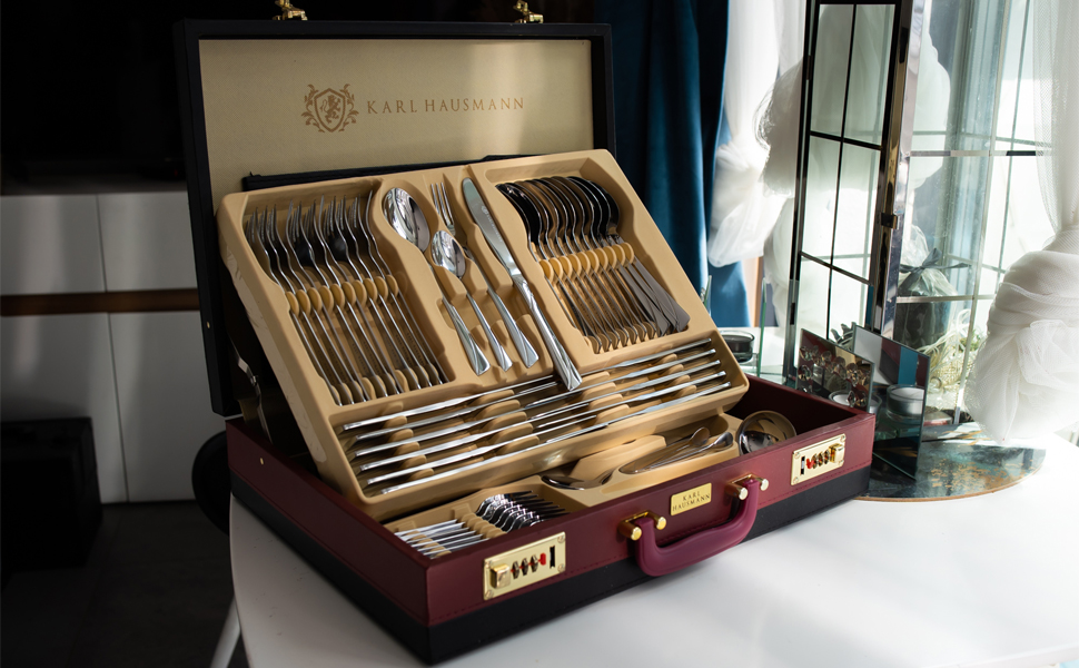 Karl Hausmann 72-Piece Stainless Steel Cutlery Set for 12 People - Dishwasher Safe Silverware Set with Case