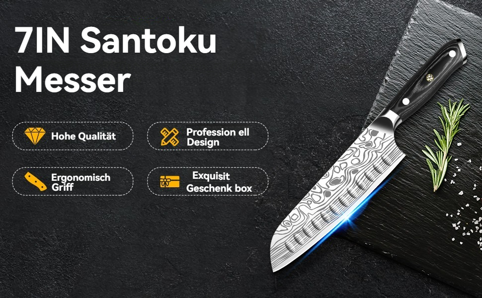 Ніж Santoku Cutiore 7 дюймів: професійний кухонний ніж з нержавіючої сталі EN.4116, з захистом пальців та точилкою в подарунковій коробці