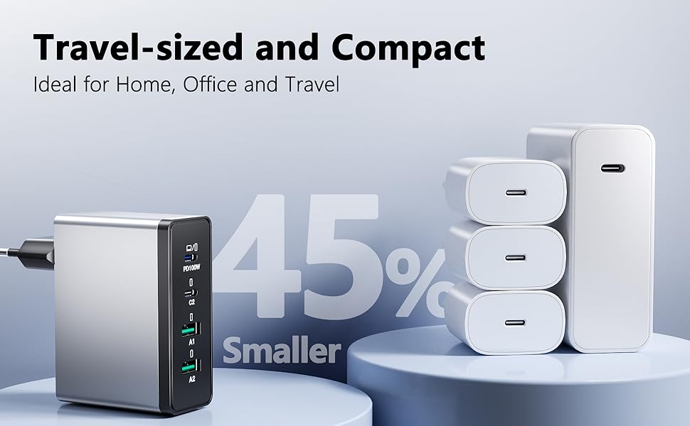 Зарядний пристрій USB-C 50W, 5 портів: 2 USB-C та 3 USB-A, PD 3.0, Fast Charge для iPhone, Samsung, телефонів, планшетів (Срібний)