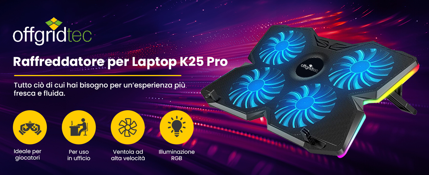 Охолоджувач для ноутбука Offgridtec K25 Pro, підставка з 4 тихими вентиляторами (1100 об/хв), 2 USB-порти, регулювання висоти, ергономічний дизайн для геймерських ноутбуків та консолей 10-17 дюймів, синій