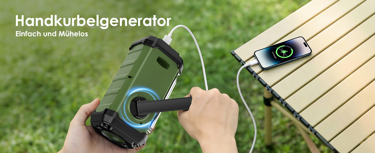 Радіо на механічній ручці Vikeri 12000mAh з сонячною панеллю, AM/FM/SW, LED ліхтарик, SOS сигнал, компас, USB-C зарядка для телефону, портативне радіо для надзвичайних ситуацій (Зелений)