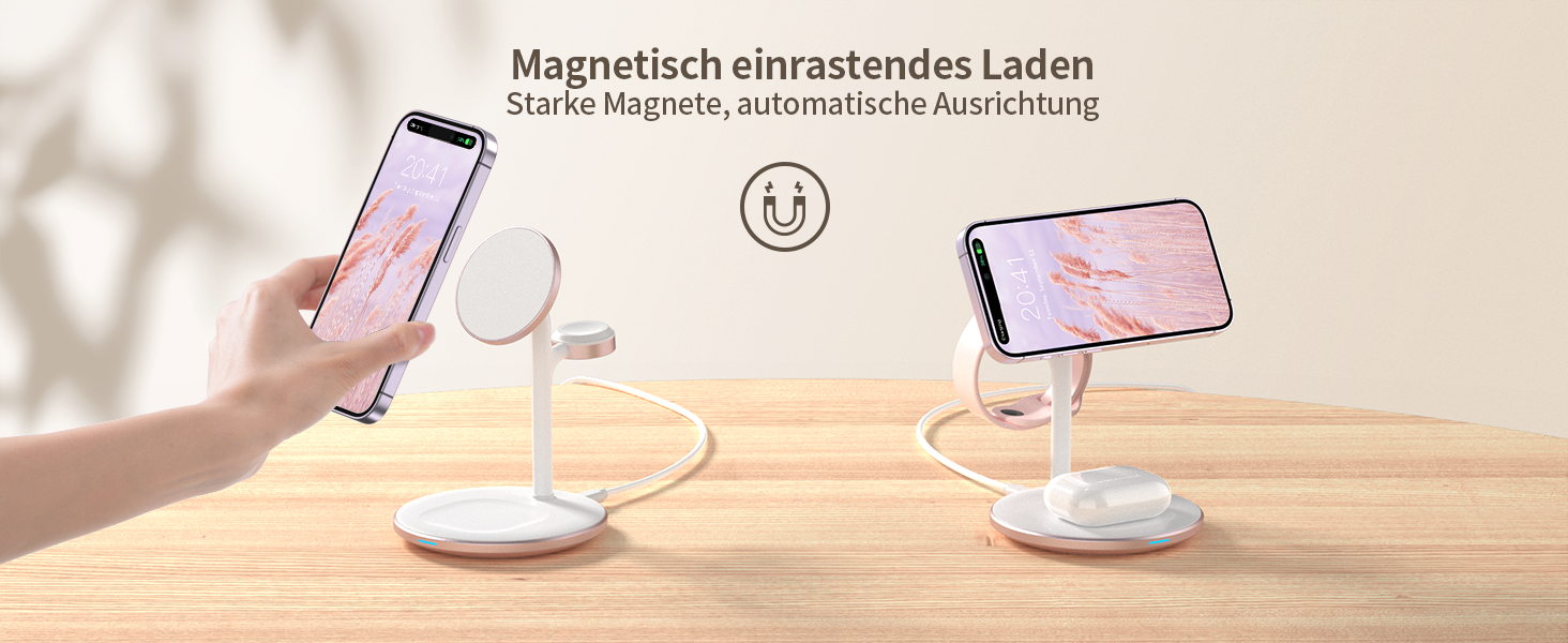 База для бездротової зарядки 3-в-1: iPhone, iWatch, AirPods. 15W, MagSafe, рожеве золото