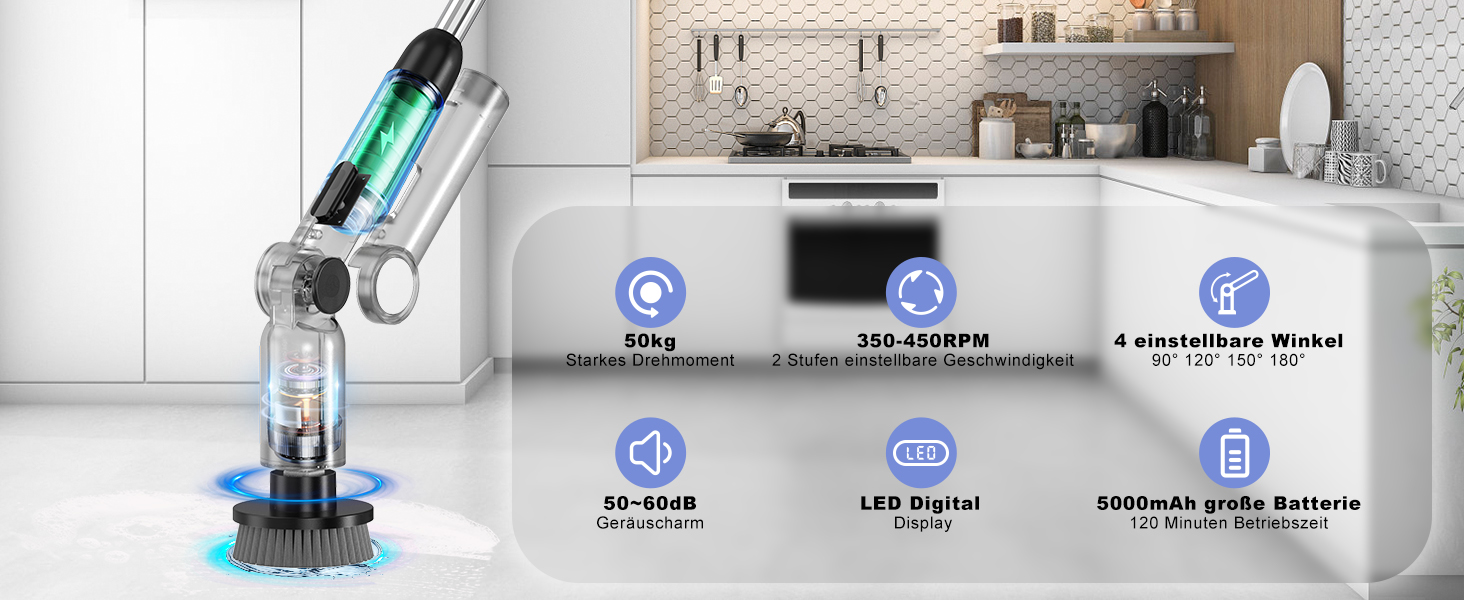 Електрична щітка для прибирання Homtronics, складана, з довгою ручкою, 8 насадок, бездротова, для ванної, кухні, авто, сіра