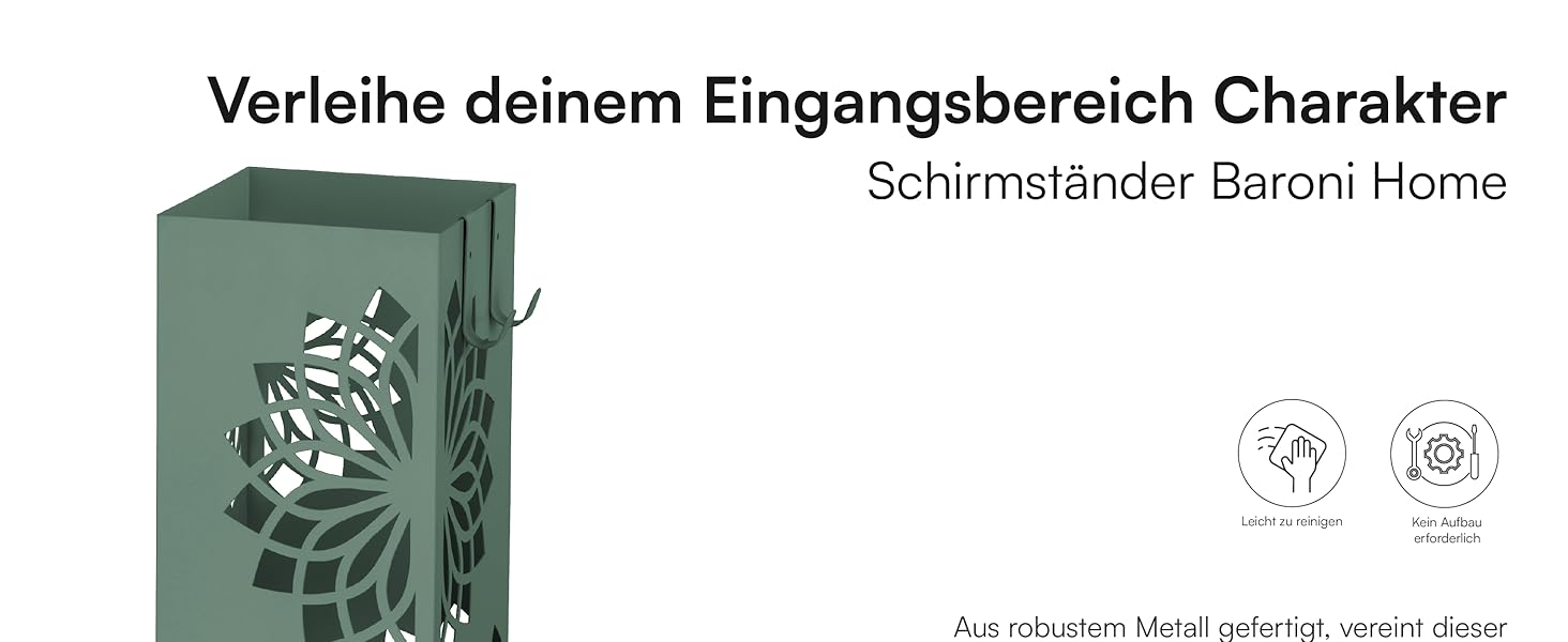 Підставка для парасольки Baroni Home з сучасним дизайном, металева з мандалою, 2 гачки та знімна ємність для збору води, 16 x 16 x 49 см, зелена