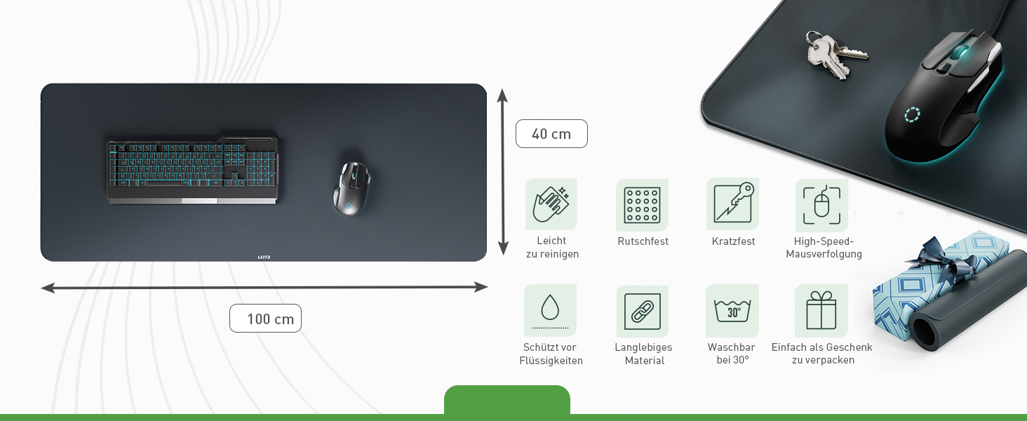 Leitz Великий килимок для миші для геймінгу, сірий, 100 x 40 см. Нековзне покриття, точне відстеження миші, легко миється. Підходить для офісу, дому та геймінгу.