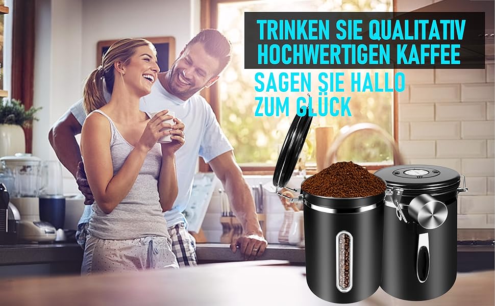 Герметичний контейнер для кави 1 кг: нержавіюча сталь, вікно, датчик дати, мірна ложка 30 мл, CO₂-вентиль, для кавових зерен, чаю, цукру