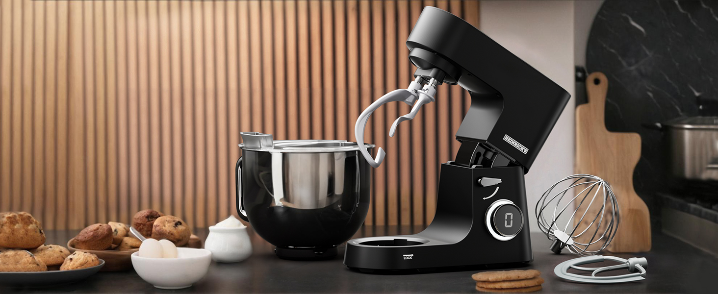 Кухонна машина Heinrichs 2500W з подвійним гаком для тіста, міксером та вінчиком, 8 швидкостей, чаша 8L з нержавіючої сталі, чорна