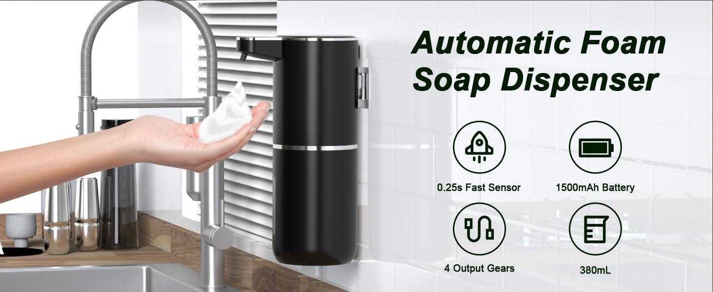Автоматичний диспенсер для мила Dalugo USB-C, електричний сенсорний дозатор мила з регулюванням 4 рівнів, для кухні та ванної кімнати (білий, чорний, пінистий)
