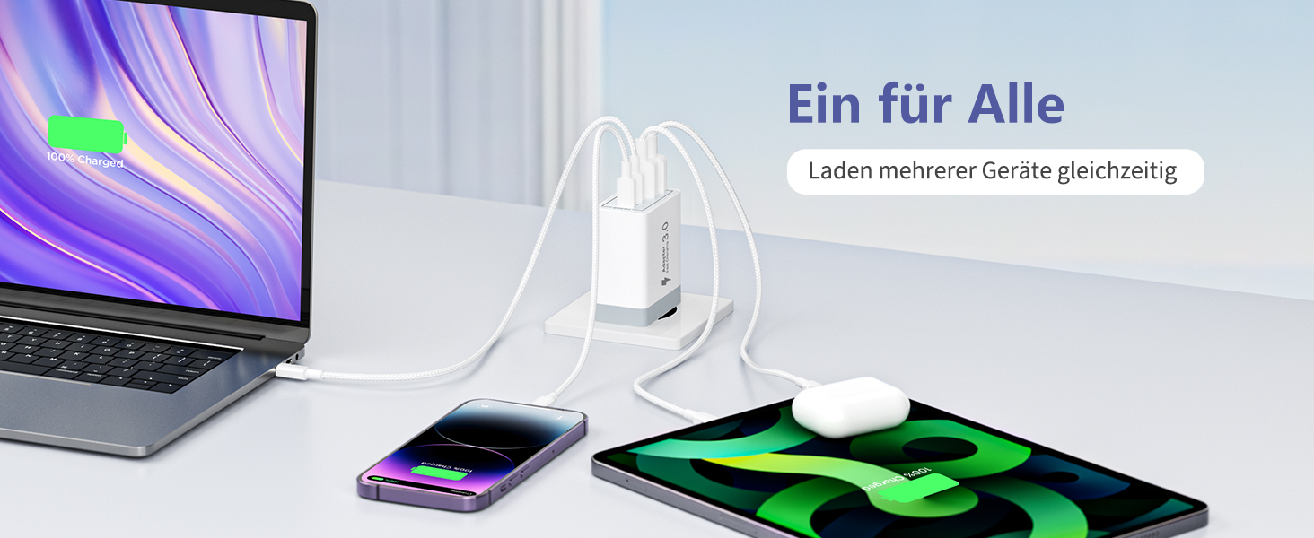 Мережевий адаптер USB-C на 4 порти з кабелем USB-C на USB-C 2м, 40W, PD 3.0, для iPhone, Samsung, смартфонів