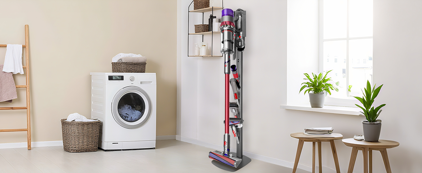 Підставка для пилососів Dyson G5, V15, V12, V11, V10, V8, V7, V6, металева, з 4 гачками та 4 полицями, без свердління, стабільна, на підлогу, приховане кріплення кабелю (темно-сірий)