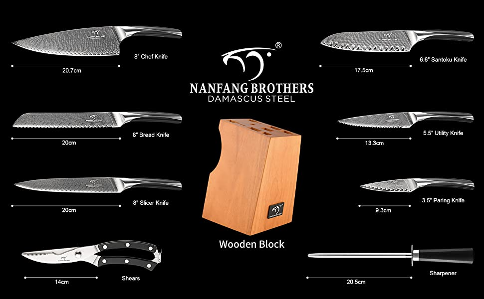 NANFANG BROTHERS 18-Piece Damascus Kitchen Knife Set with Hammered Handles & Wooden Block - Premium Quality
