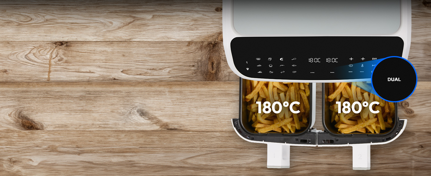 MEDION P20 XXL Фритюрниця для повітря з 2 камерами (8,7 л, 2600 Вт, 10 програм, ILAG PFAS-free, MD11760) матово-біла