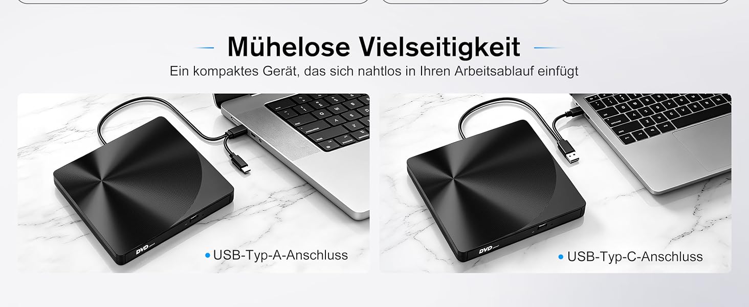 Зовнішній USB 3.0 та USB-C CD/DVD привід varkda для ноутбука та ПК, портативний DVD-плеєр та записник (RW/ROM), сумісний з Windows, macOS, Linux, чорний