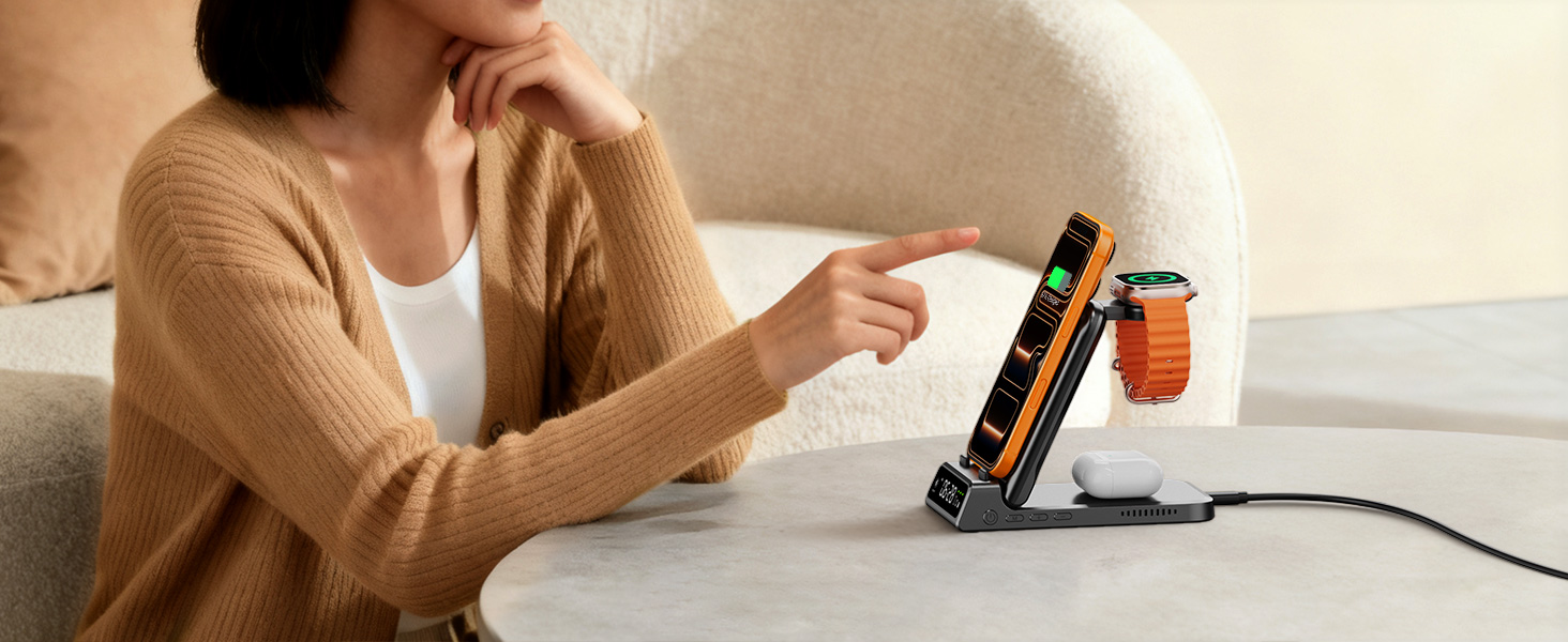 Бездротова зарядка 3-в-1 SwanScout 703A для iPhone 12/13/14/15/16/17, Apple Watch 7/8/9/10/11/Ultra, AirPods Pro 3 – Чорна