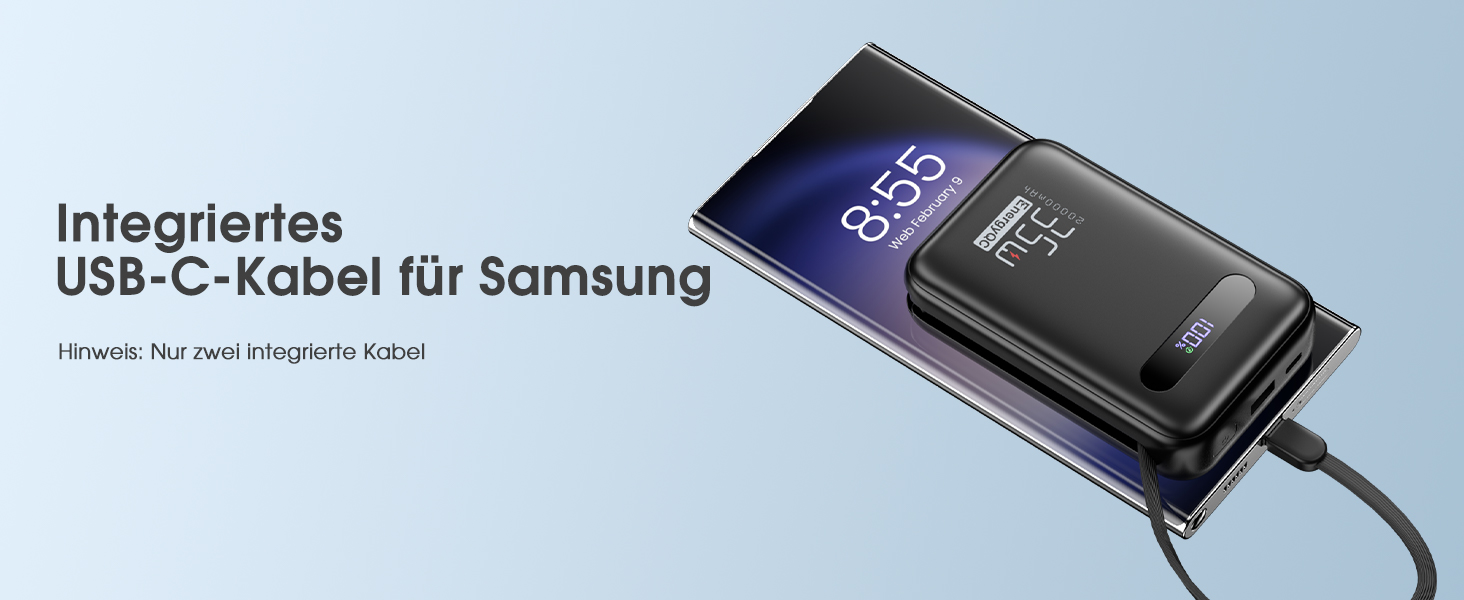 Powerbank 20000mAh з PD 35W, USB-C кабель, LED дисплеєм та 8 Pin кабелем. Чорний акумулятор для iPhone, iPad, Samsung Galaxy, Huawei та інших пристроїв