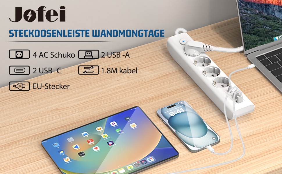 Мережевий фільтр Steckdose 8 в 1 з USB, 3680W з вимикачем, 16A з 2 USB-C, для смартфонів, ноутбуків, iPad, білий кабель 1.8м