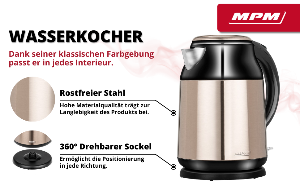 Електричний чайник MPM MCZ-85/G1, 1.7 л, без BPA, бездротовий, 360° обертання, антинакипний фільтр, автоматичне вимкнення, чорний, 2200W