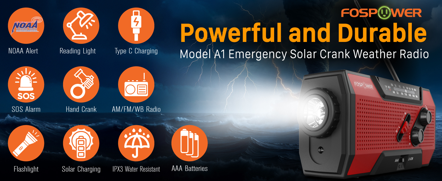 Радіоприймач FosPower NOAA/AM/FM з Power Bank 19240 мАг (5200 мАг) - Сонячна/USB зарядка, ручна динамо-машина, SOS-сигнал, ліхтарик, помаранчевий (Модель A1)