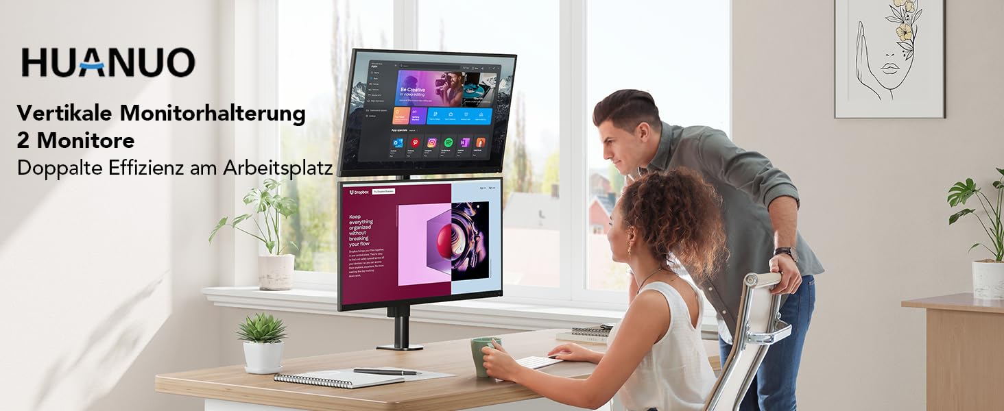 Підставка для монітора HUANUO, 2 монітори, вертикальна, регульована висота, для моніторів 17-32 дюймів, підтримує до 8 кг