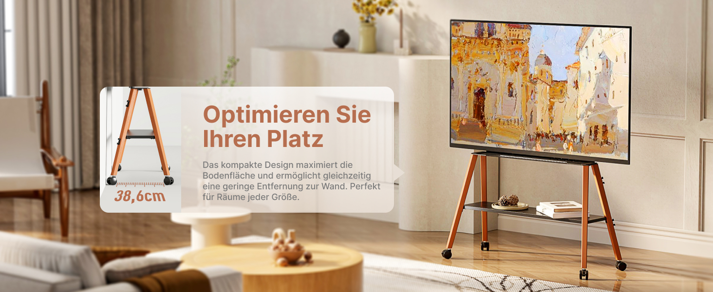 Підставка для телевізора ECOTINY на колесах для 49-75 дюймів, до 40 кг, Easel Design, металева конструкція та полиця з дерева, чорна