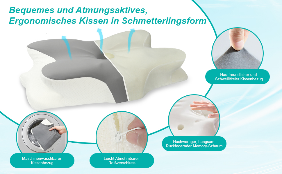Ортопедична подушка Omtofo з піною з пам'яті для шиї, спини та сну на животі, 63 x 42.5 x 13.8/9 см
