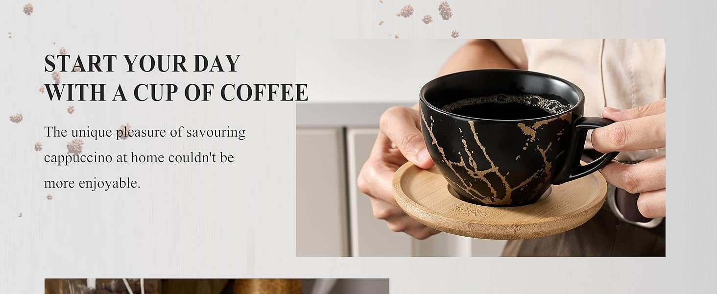 Набір кавових чашок капучіно Home Decor, 4 шт., 220 мл, з металевим підставкою, чорний та білий