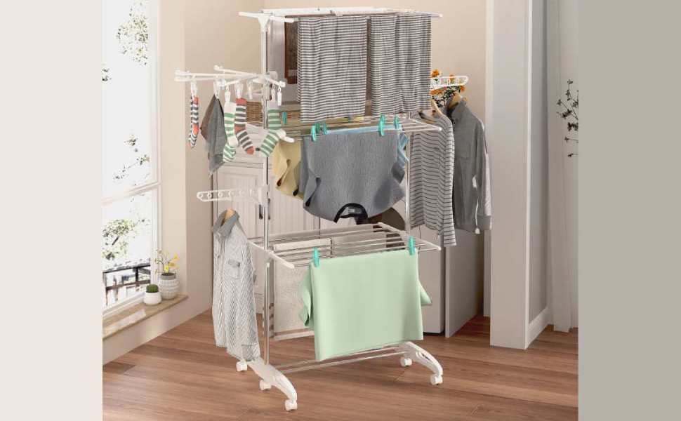 Сушарка для білизни Hyfive, велика, 4 яруси, з кріпленням для шкарпеток, нержавіюча сталь, складається для зберігання